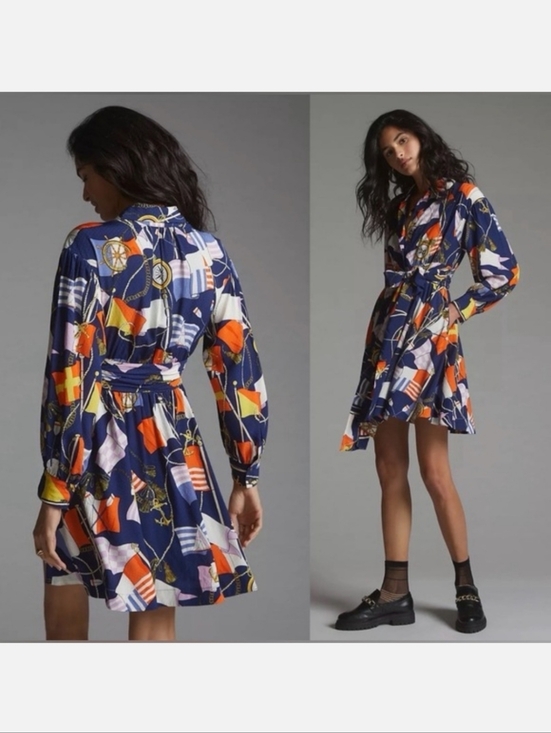 Anthropologie Dresses & Skirts - Anthropologie Maeve Nautical Navy Printed Long-Sleeve Wrap Dress Blue Flag Sail